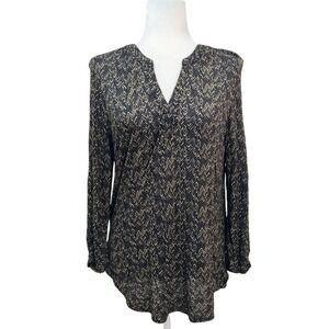 Lucky Brand Geometric Print V-Neck Long‎ Sleeve Tunic Top Black & Beige - Large